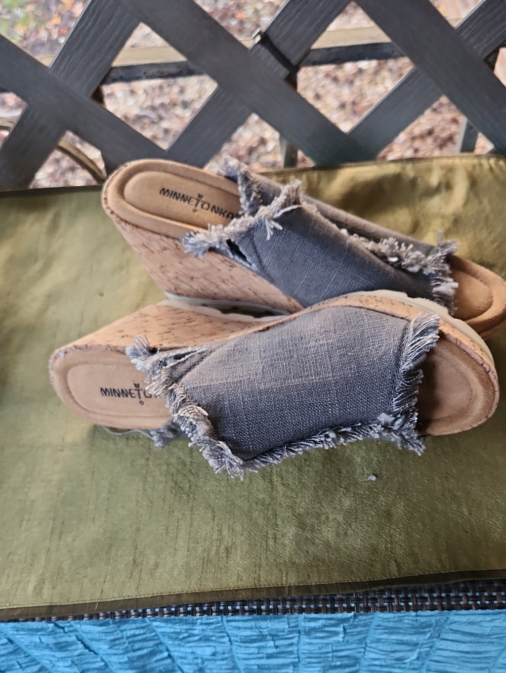 Minnetonka Frayed Denim Cork Wedge Mules - Blue